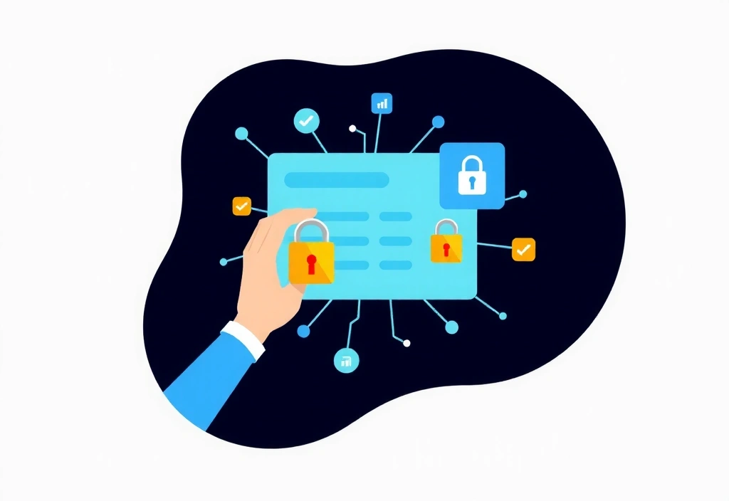 Ilustración de una persona interactuando con un formulario de privacidad digital de forma segura, con elementos de protección de datos y candados virtuales.