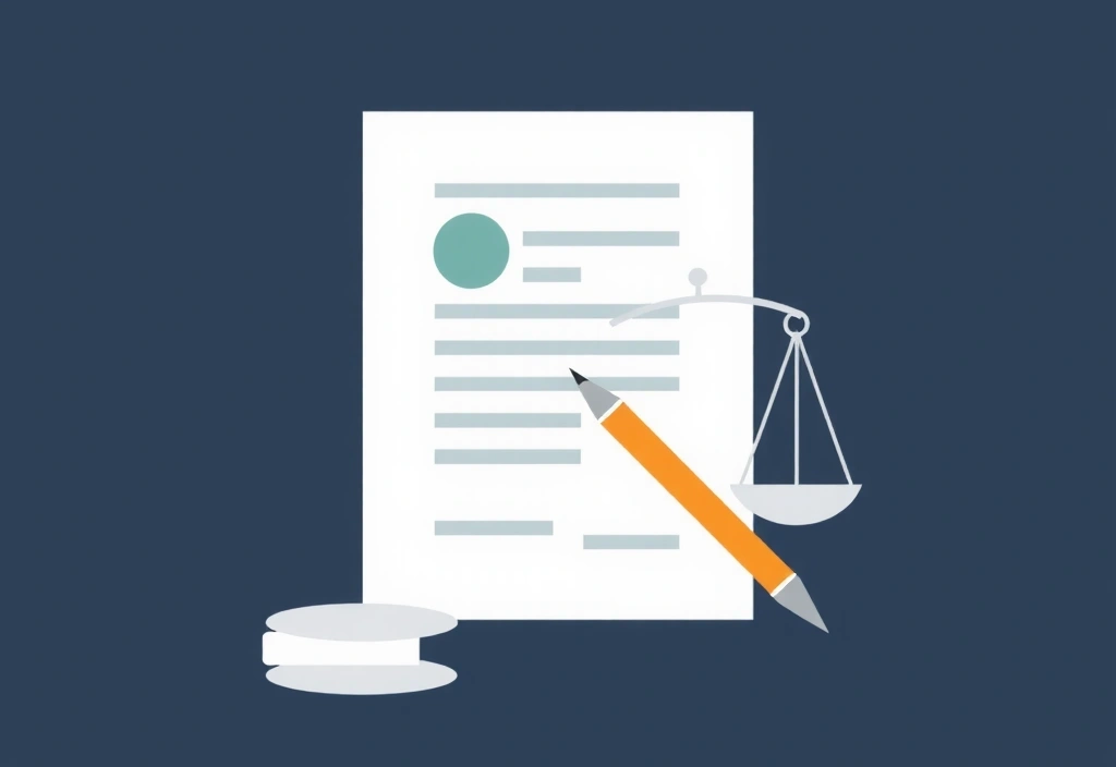 Ilustración abstracta de un documento legal con un bolígrafo y una balanza, simbolizando justicia y acuerdos, estilo minimalista y profesional.