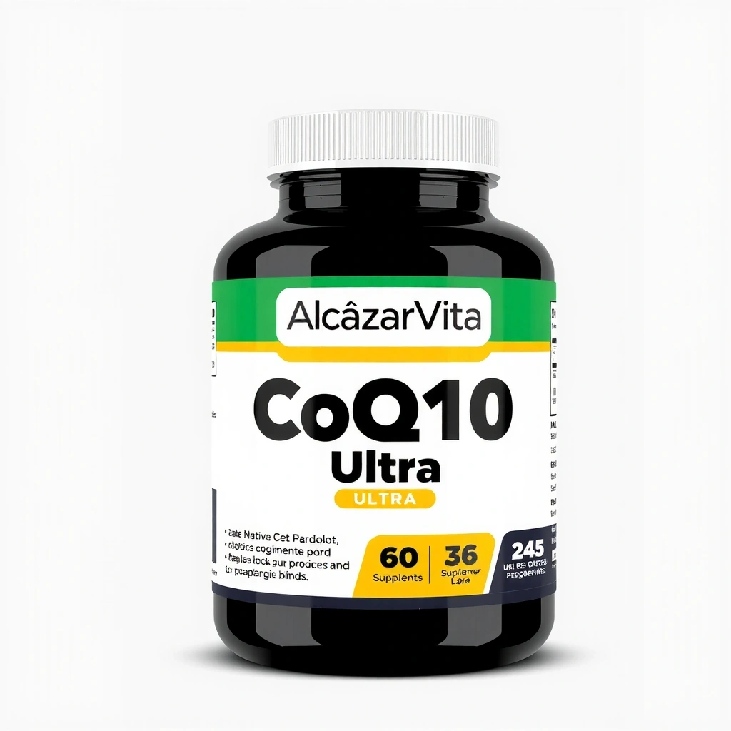 Bote de suplemento Alcazarvitacv CoQ10 Ultra con un diseño moderno y etiqueta clara.