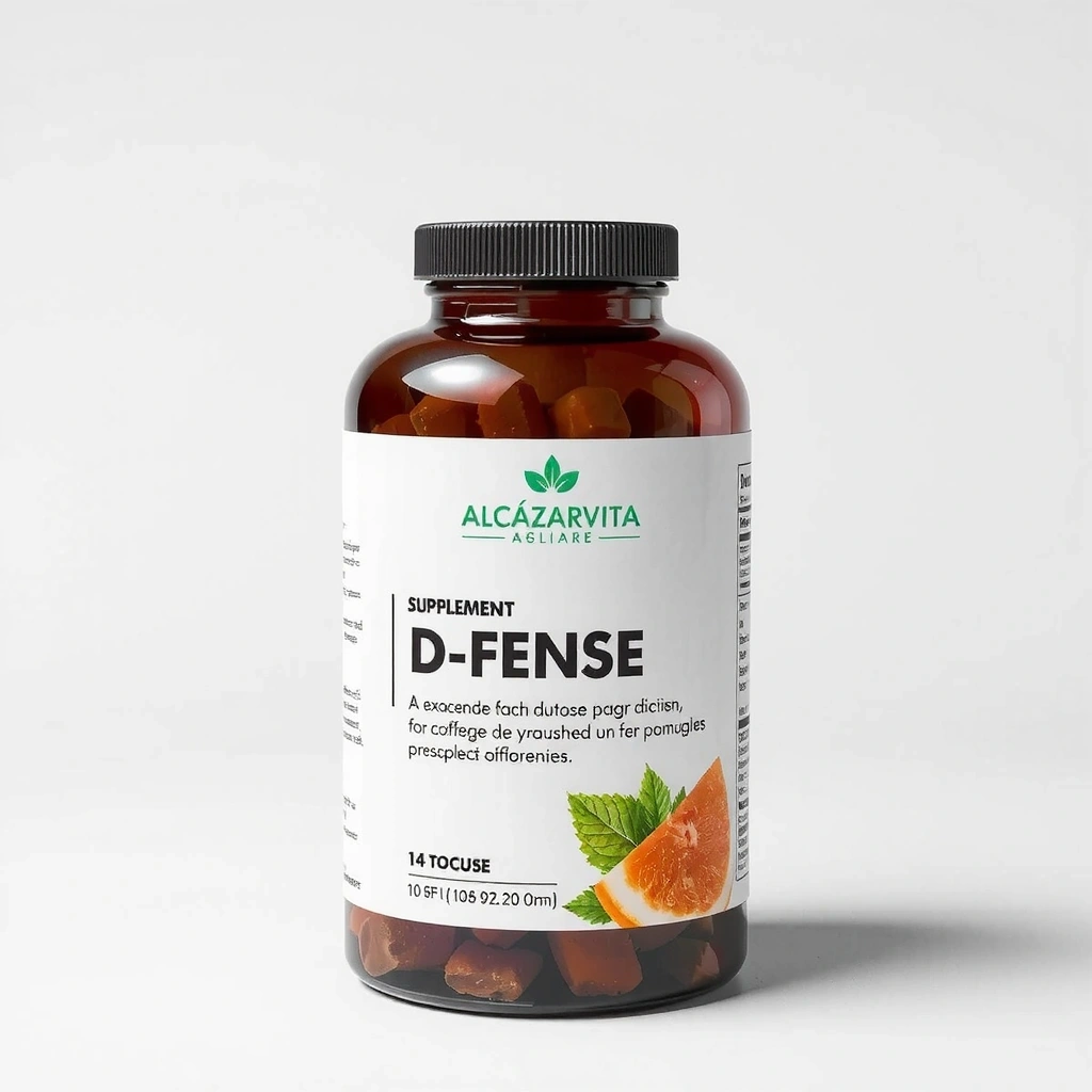Bote de suplemento Alcazarvitacv D-Fense con un diseño moderno y etiqueta clara.
