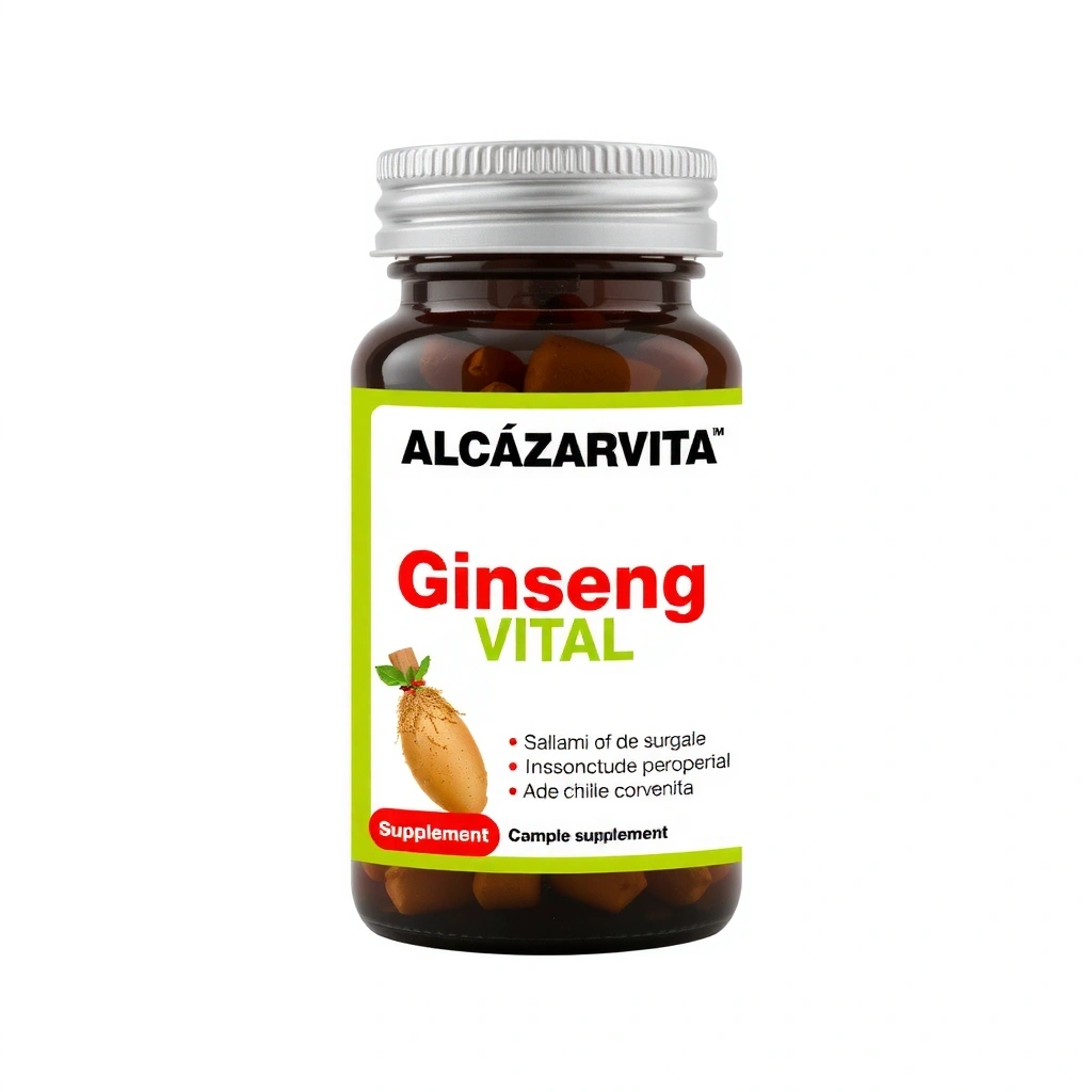Bote de suplemento Alcazarvitacv Ginseng Vital con un diseño moderno y etiqueta clara.