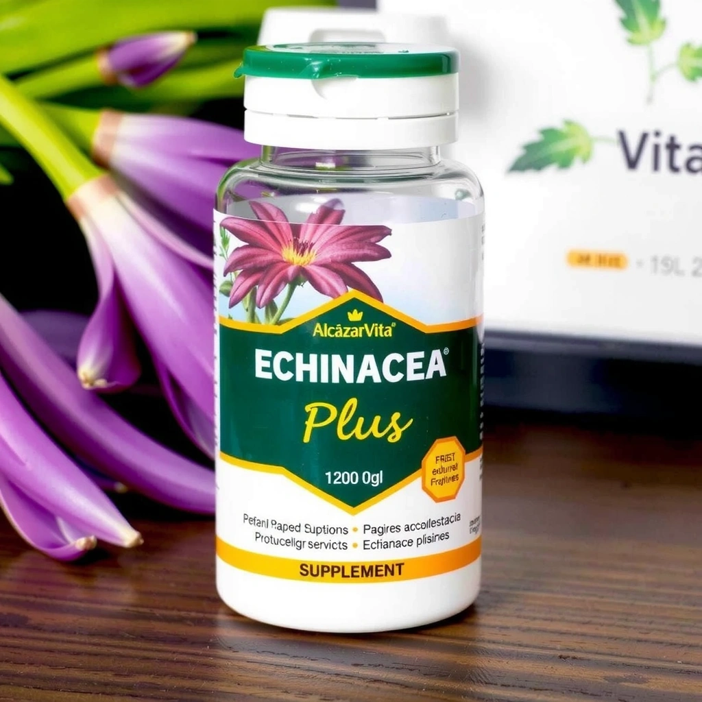 Bote de suplemento Alcazarvitacv Equinácea Plus con un diseño moderno y etiqueta clara.