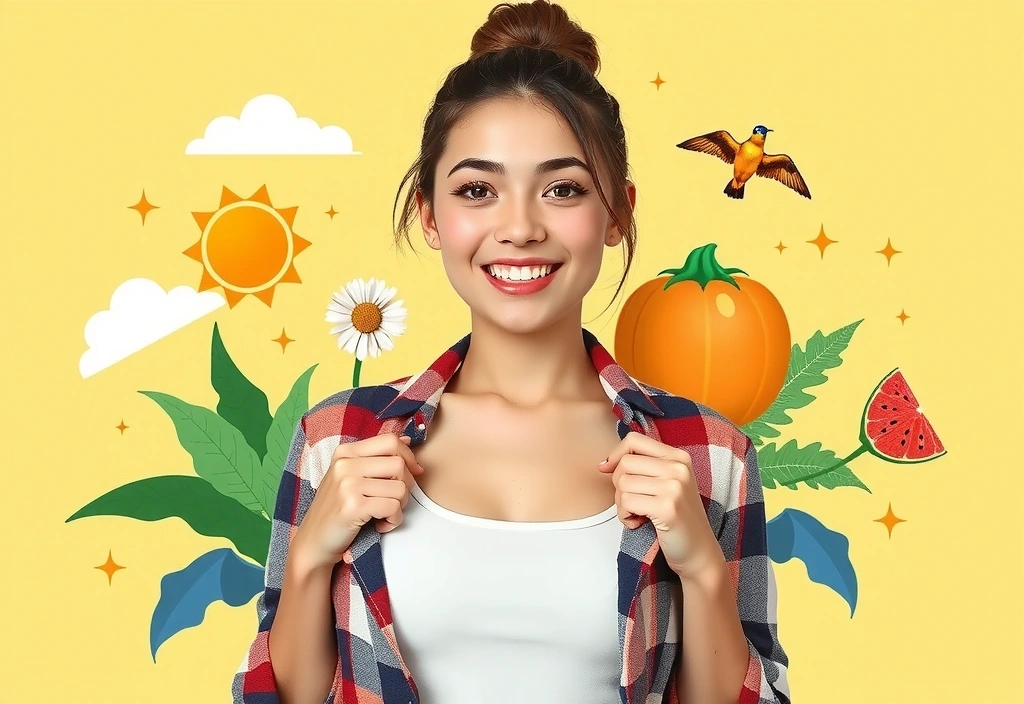 Mujer joven y activa sonriendo, rodeada de elementos que simbolizan energía, vitalidad y bienestar, con colores vibrantes y un fondo limpio.
