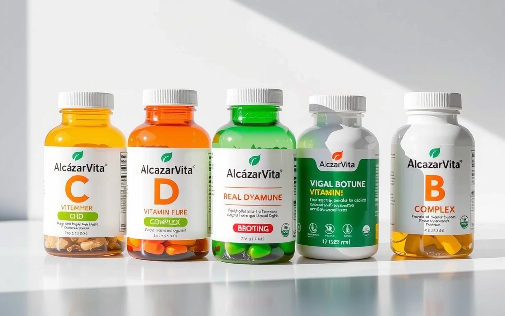 Variedad de vitaminas de Alcazarvitacv en envases elegantes